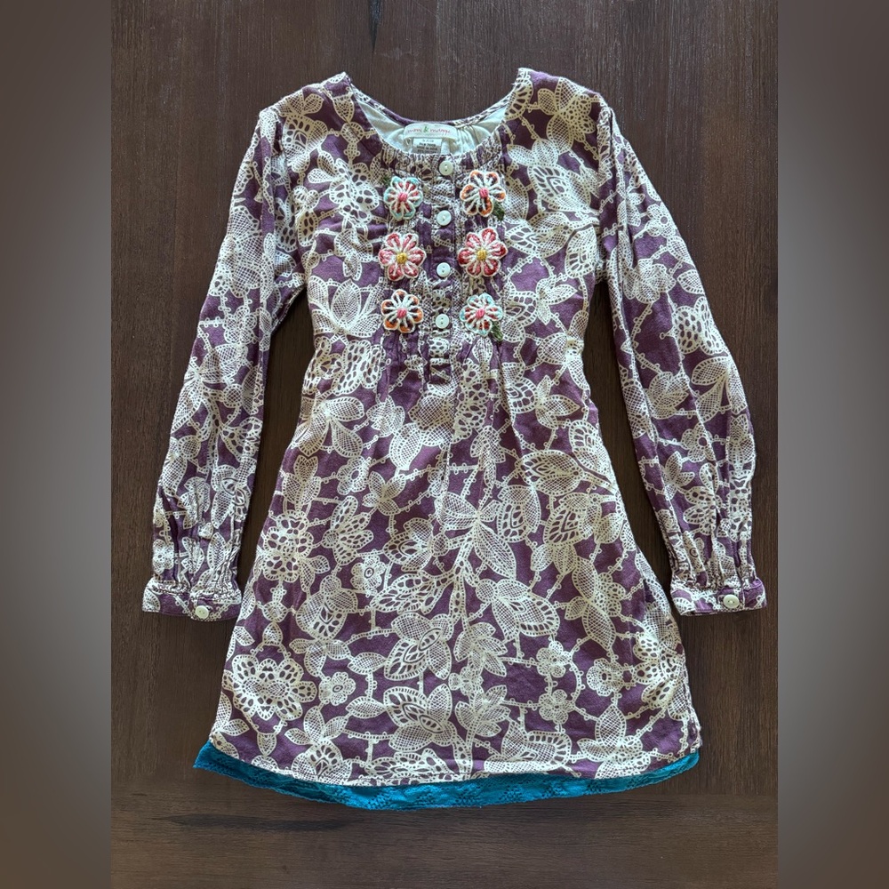 Mimi & Maggie Purple Embroidered Floral Lace-Print Long Sleeve Dress - Sz 7
